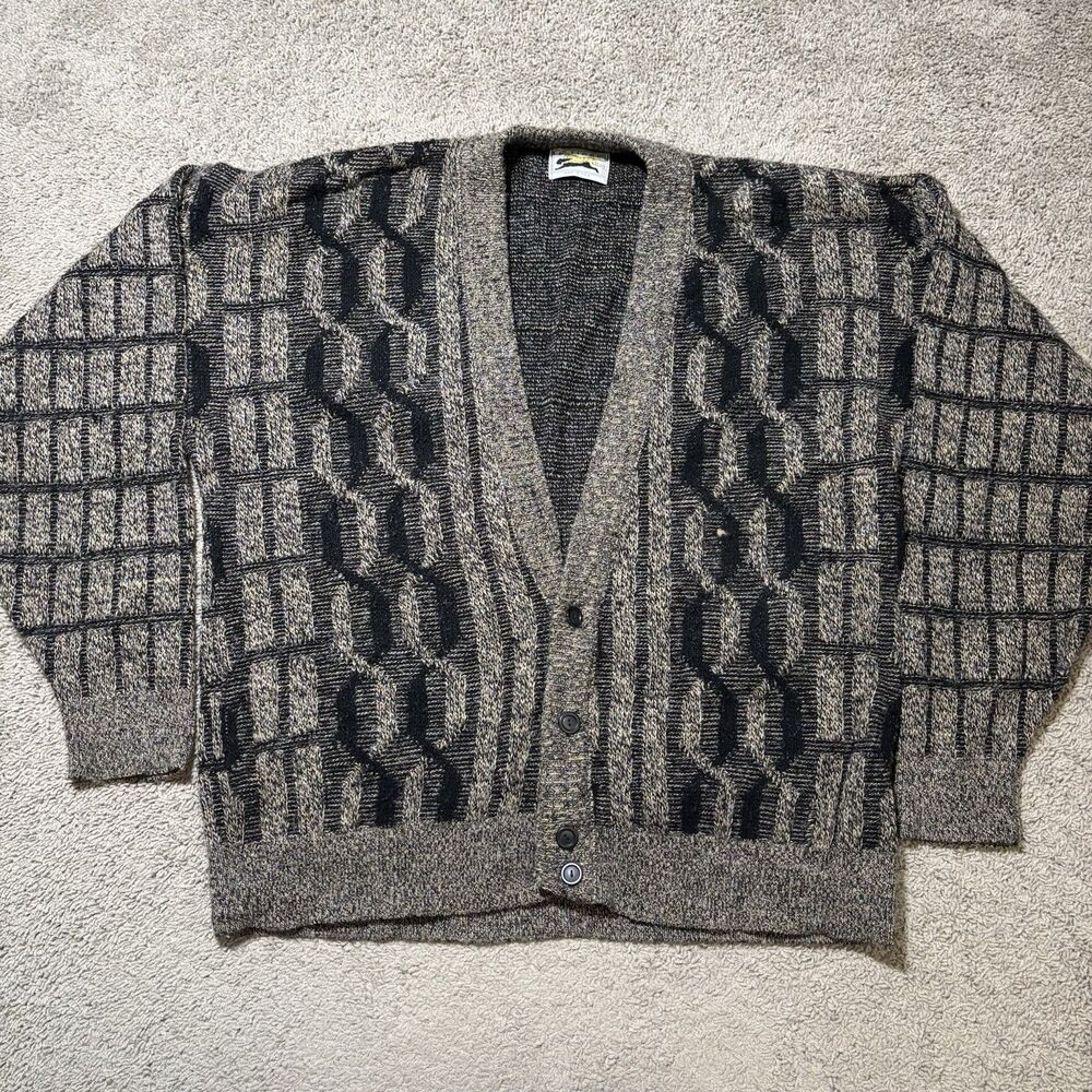 Vintage Le Tigre Cardigan Sweater Mens 4X Gray Geometric Abstract Made USA Wool